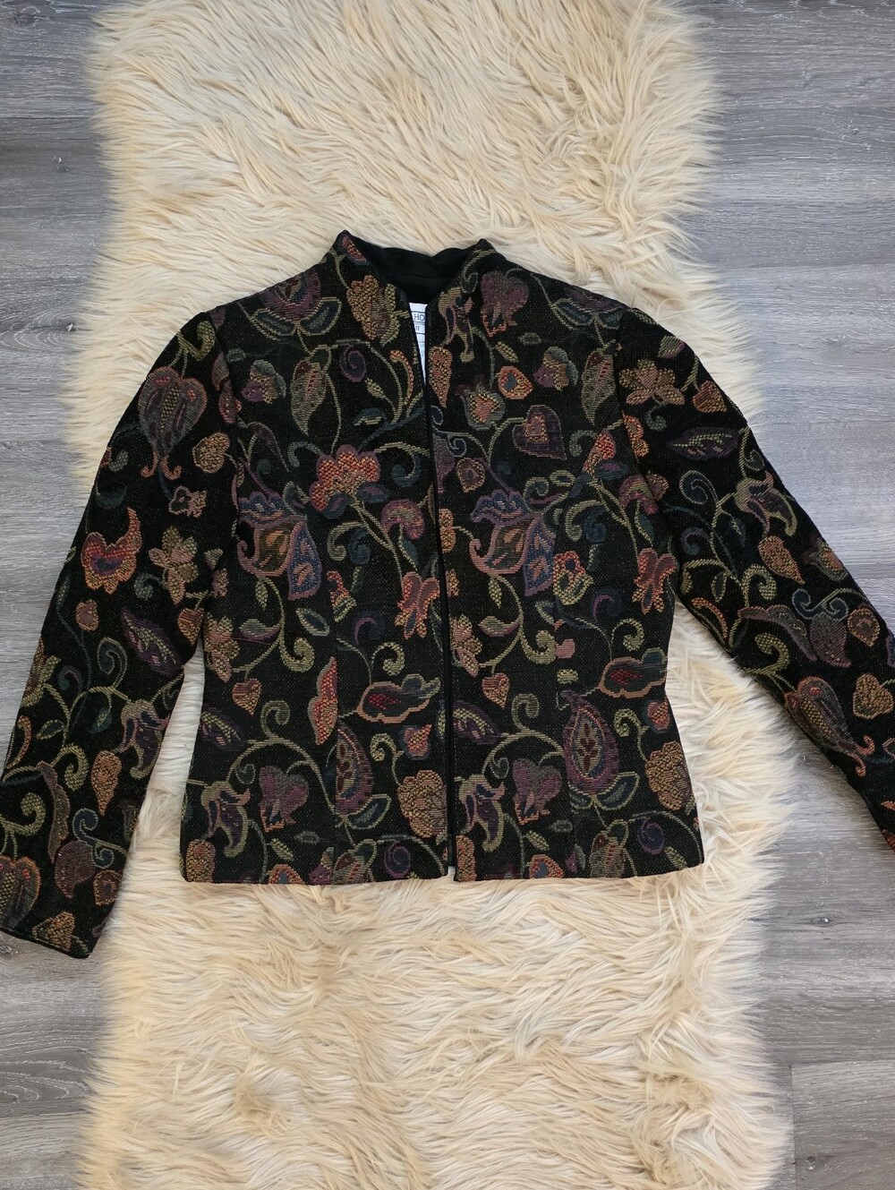 Vintage Jessica Howard Petite Black Floral Jacquard Open Front Jacket Women's 10